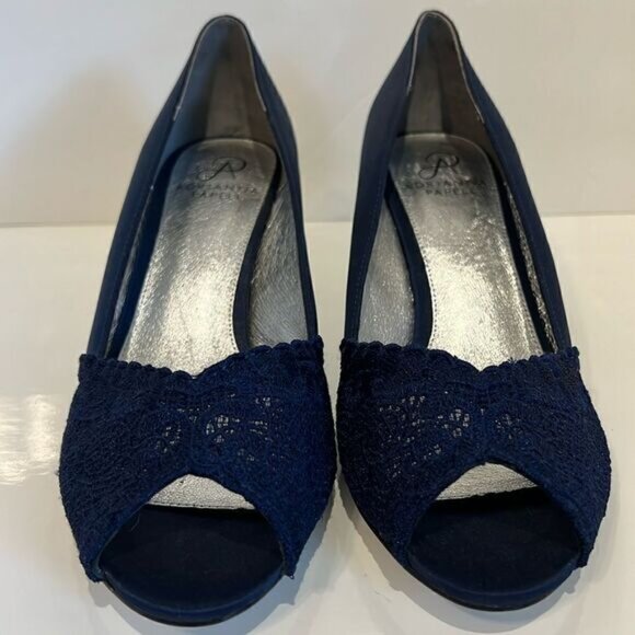 Adrianna Papell Navy Blue Satin Peep Toe Kitten Heel Shoes Size 9.5W - Picture 2 of 11